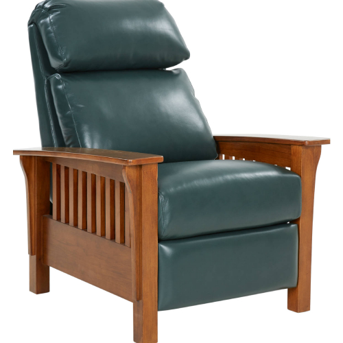 Mission Manual Recliner in Highland Emerald Green Top Grain Leather & Mahogany Finish Wood